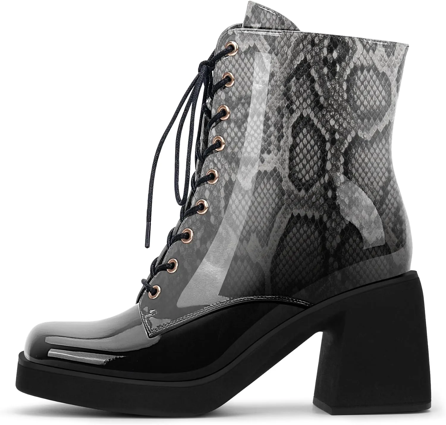 Women's Chunky Heel Square Toe Platform Ankle Boots Lace Up Booties