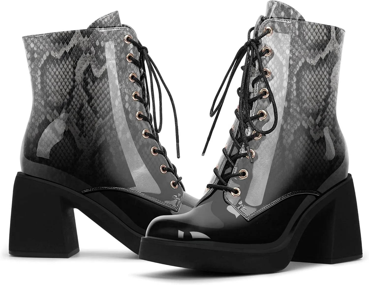 Women's Chunky Heel Square Toe Platform Ankle Boots Lace Up Booties