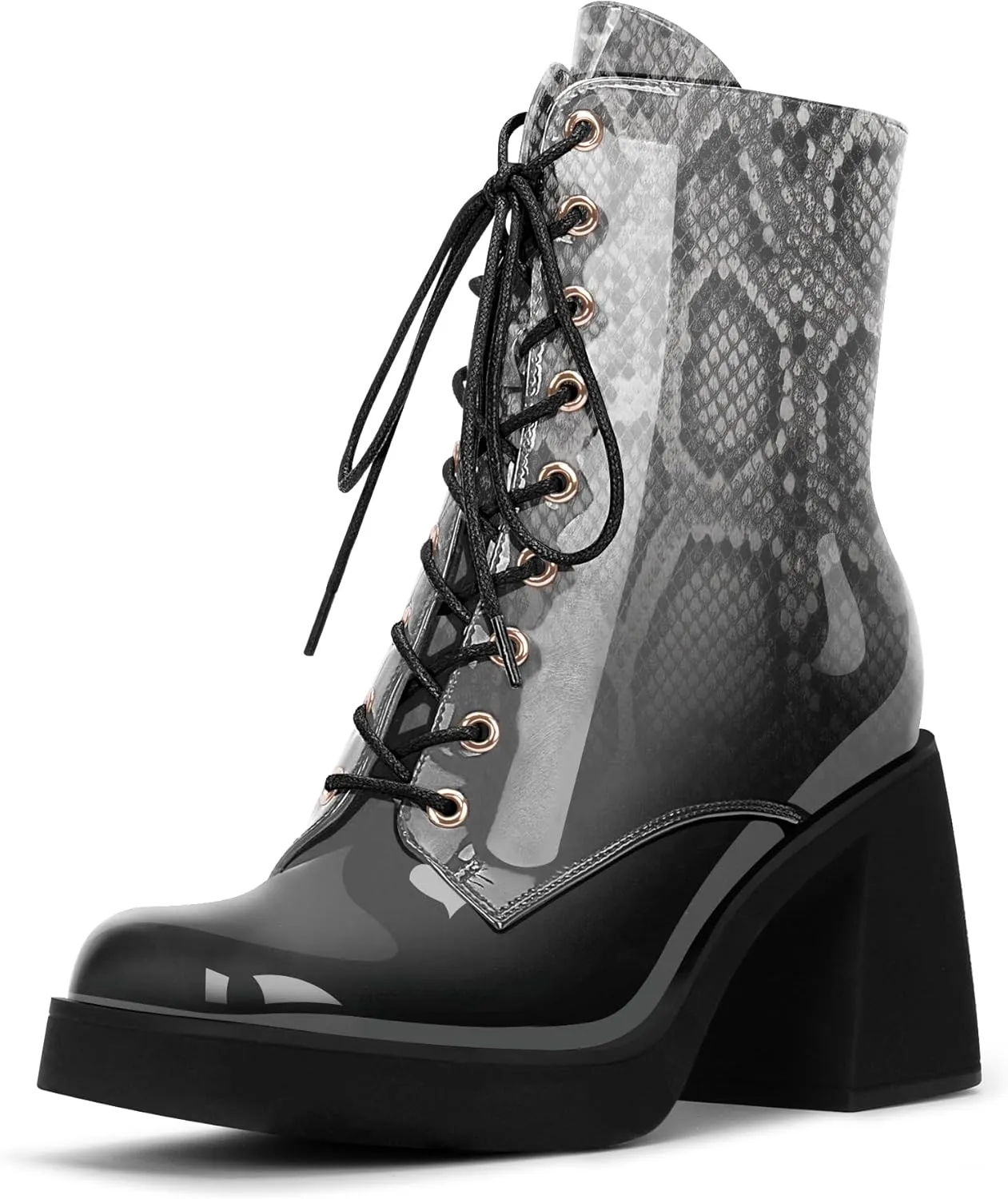 Women's Chunky Heel Square Toe Platform Ankle Boots Lace Up Booties