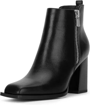 Women's Chunky High Heel Ankle Boots Side Zipper Square Toe Dress Booties