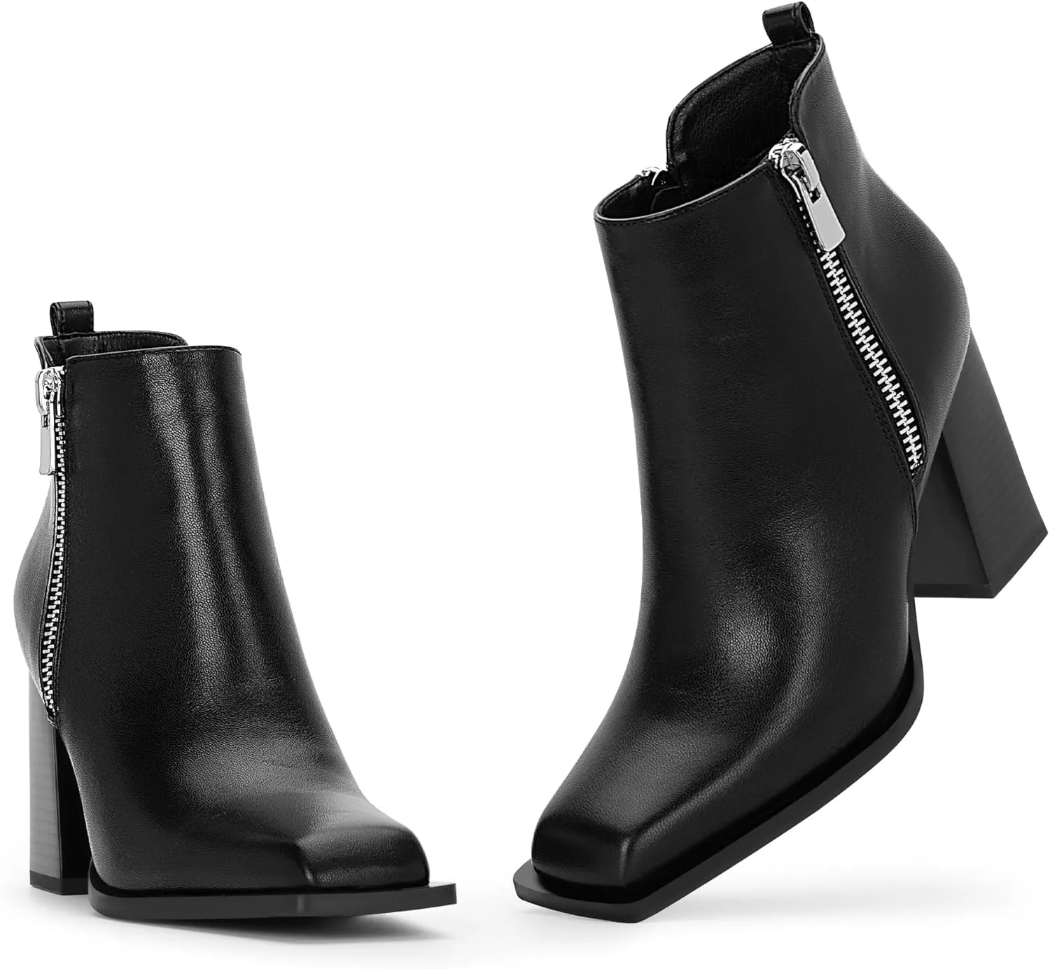 Women's Chunky High Heel Ankle Boots Side Zipper Square Toe Dress Booties