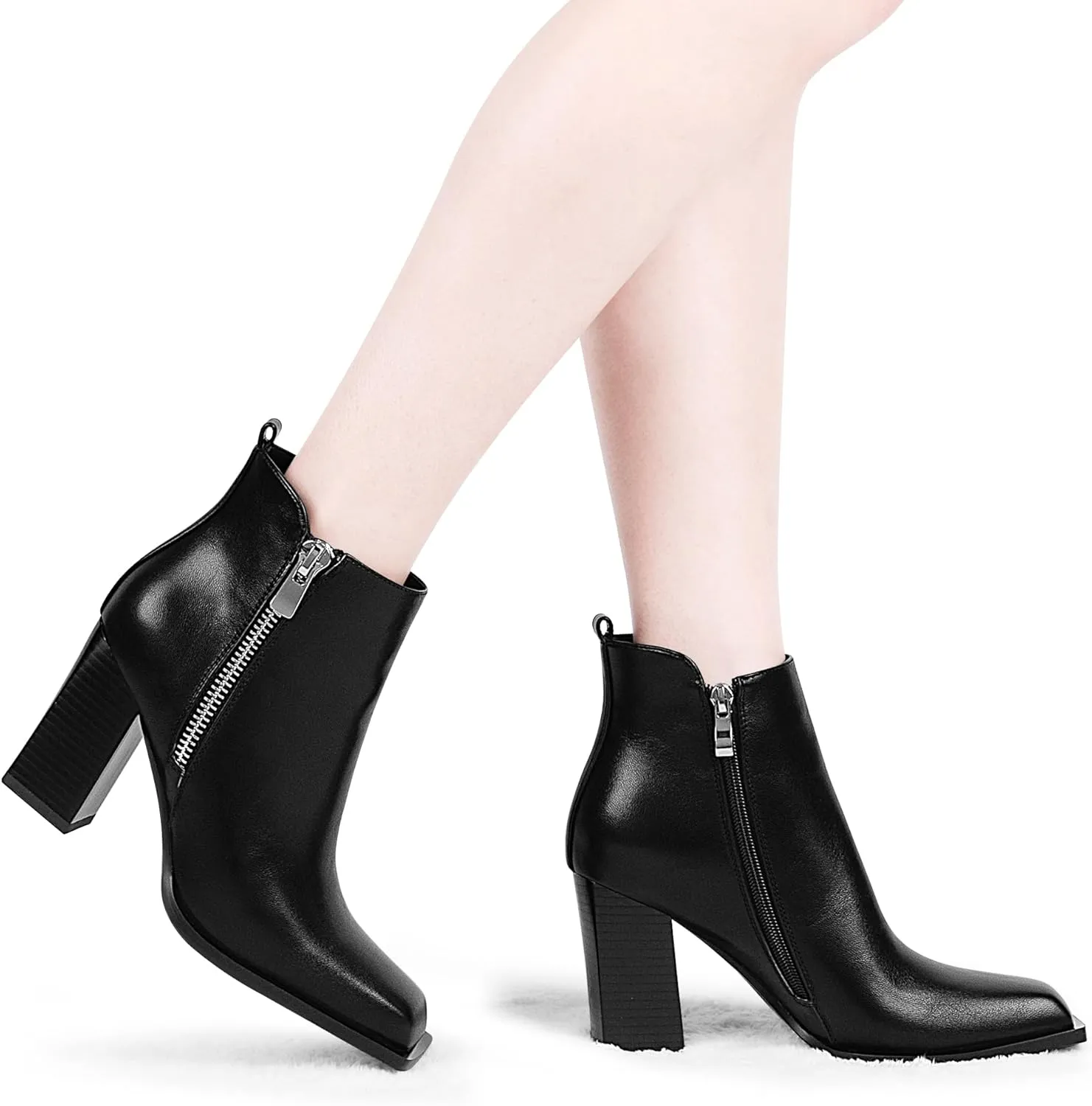 Women's Chunky High Heel Ankle Boots Side Zipper Square Toe Dress Booties