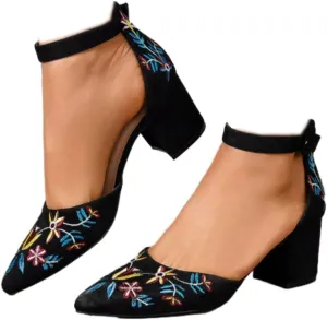 Women's Closed Pointed Toe Pumps Sandals Embroidery Floral Low Heels Wedding Bride Ankle Strap Dressy Sandals