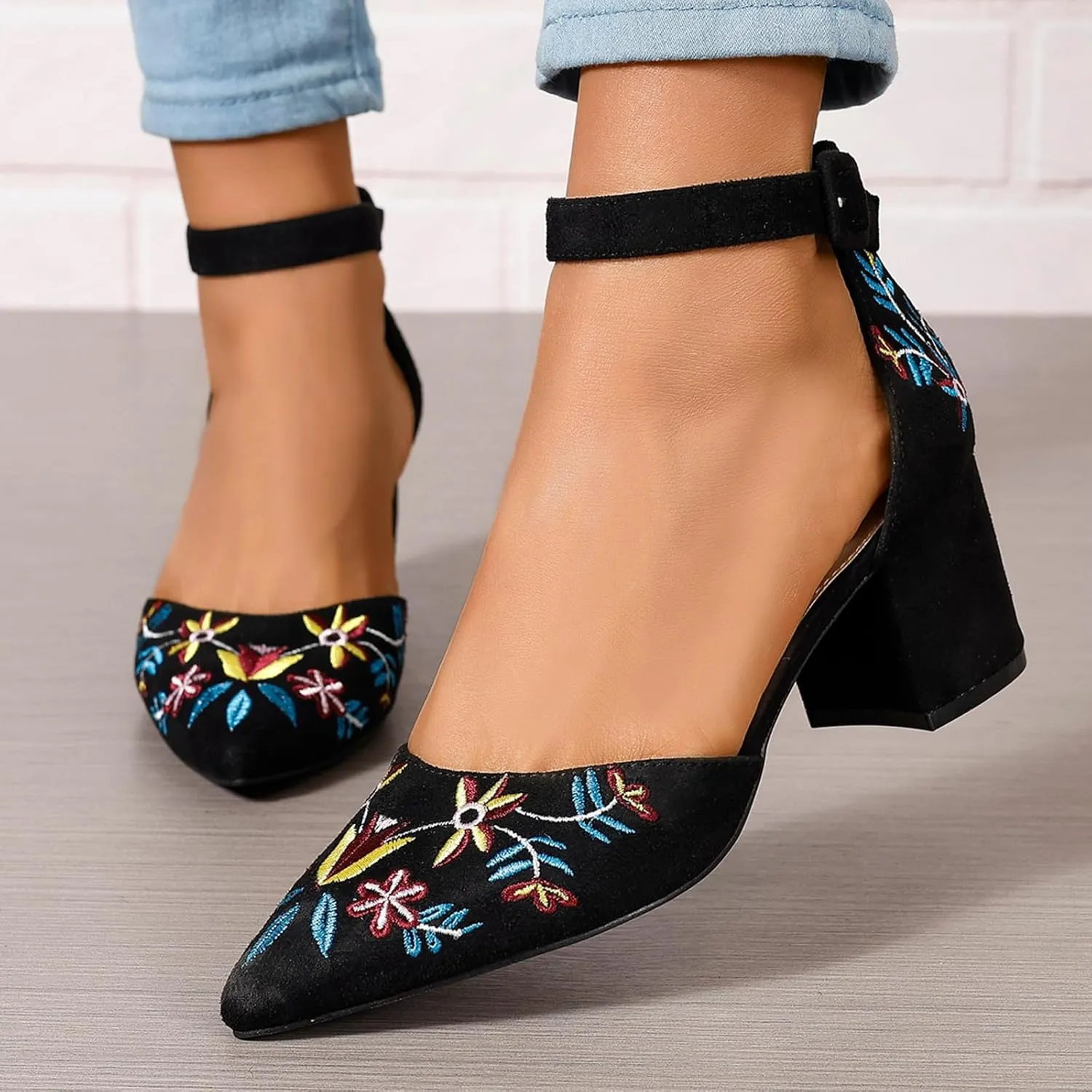 Women's Closed Pointed Toe Pumps Sandals Embroidery Floral Low Heels Wedding Bride Ankle Strap Dressy Sandals