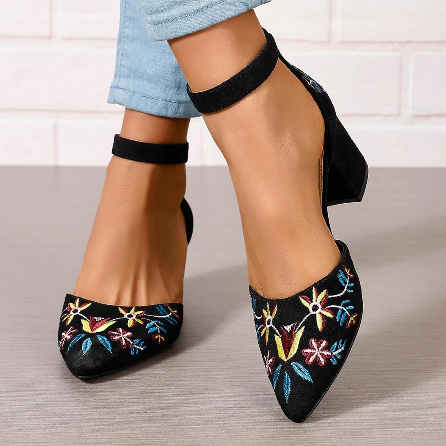 Women's Closed Pointed Toe Pumps Sandals Embroidery Floral Low Heels Wedding Bride Ankle Strap Dressy Sandals