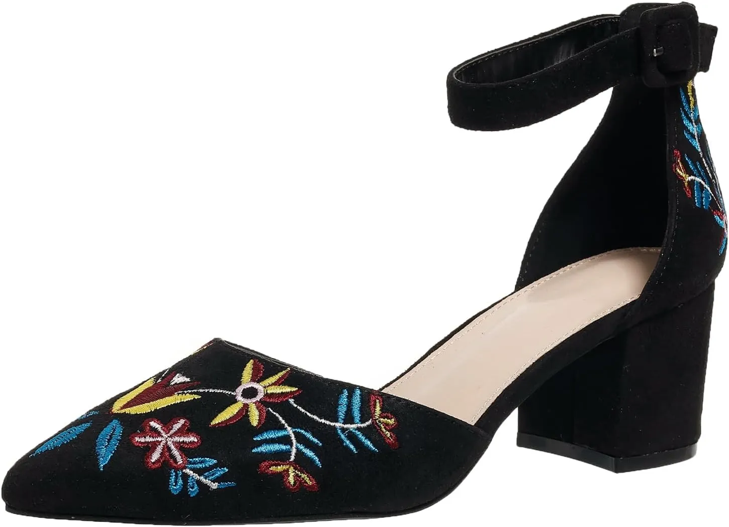 Women's Closed Pointed Toe Pumps Sandals Embroidery Floral Low Heels Wedding Bride Ankle Strap Dressy Sandals