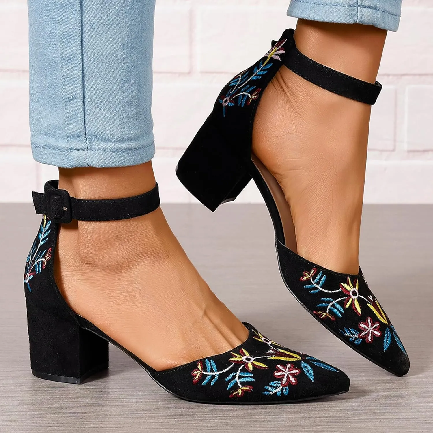 Women's Closed Pointed Toe Pumps Sandals Embroidery Floral Low Heels Wedding Bride Ankle Strap Dressy Sandals