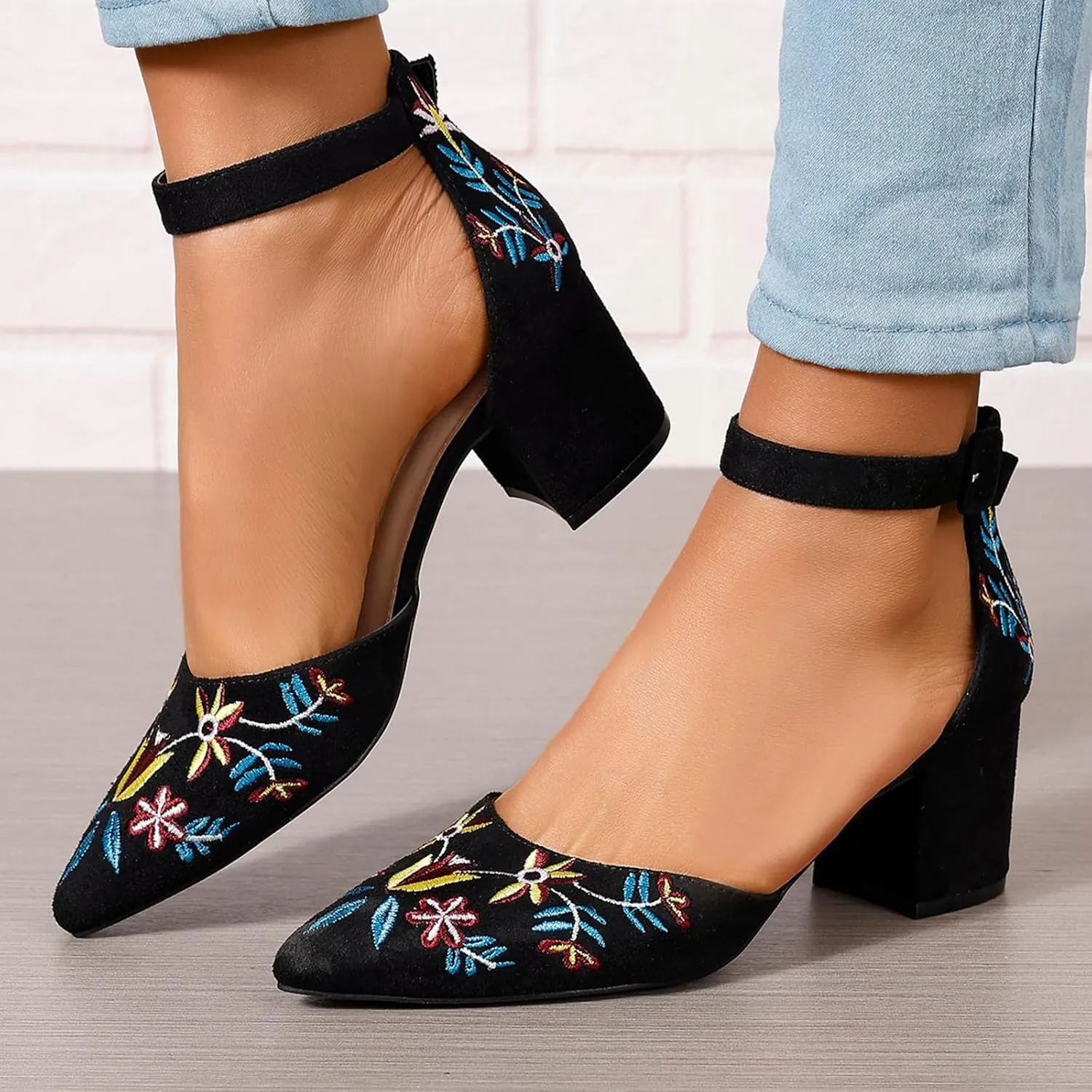 Women's Closed Pointed Toe Pumps Sandals Embroidery Floral Low Heels Wedding Bride Ankle Strap Dressy Sandals
