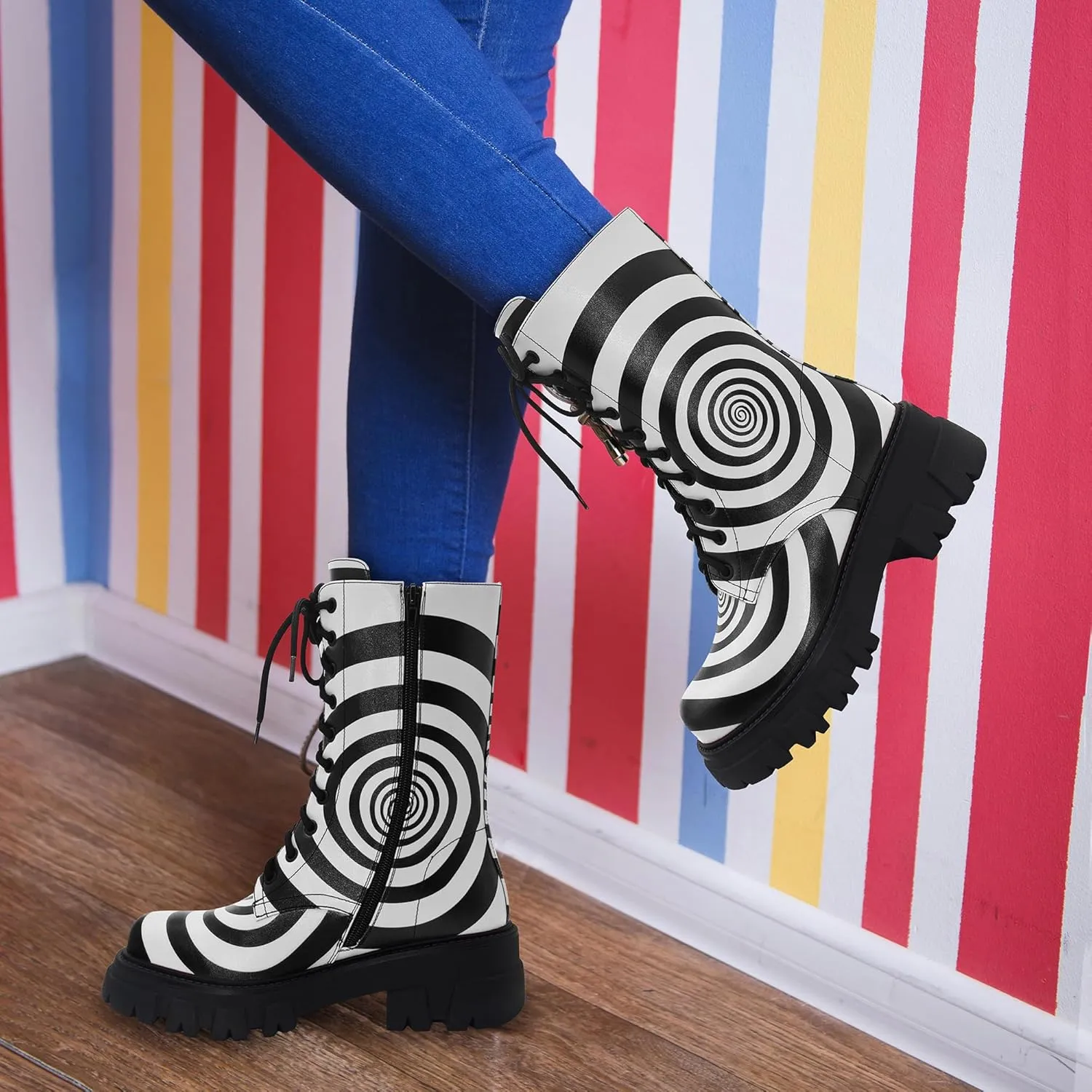 Women's Combat Boot Zebra Platform Ankle Adjustable Lace-Up Vamp Inside Zipper Fashion Party Boots