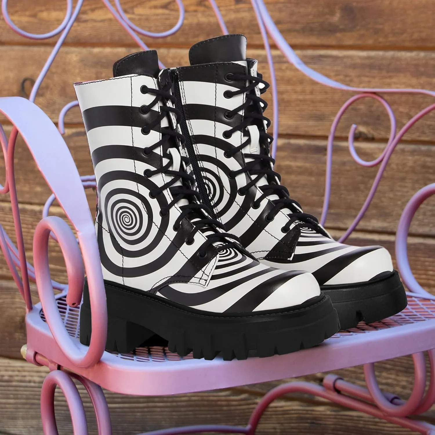 Women's Combat Boot Zebra Platform Ankle Adjustable Lace-Up Vamp Inside Zipper Fashion Party Boots