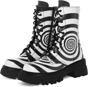 Women's Combat Boot Zebra Platform Ankle Adjustable Lace-Up Vamp Inside Zipper Fashion Party Boots