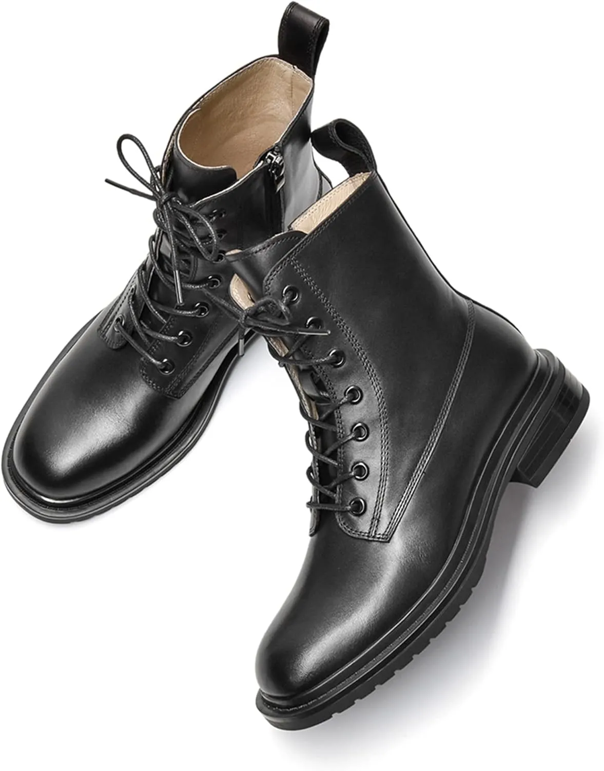 Women's Combat Boots Lace up Side Zipper Mid Calf Booties Round Toe
