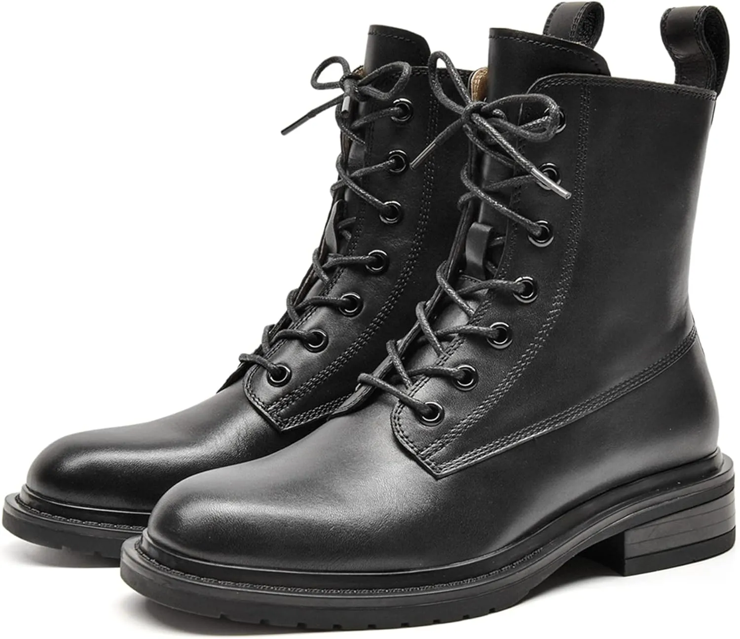 Women's Combat Boots Lace up Side Zipper Mid Calf Booties Round Toe