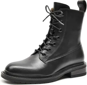 Women's Combat Boots Lace up Side Zipper Mid Calf Booties Round Toe