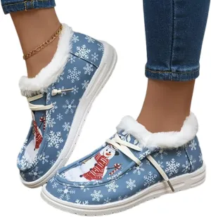 Women's Comfort Plush Snowman Canvas Ankle Boots,Winter Warm Lightweight Non-Slip Suede Cotton Lined Flat Snow Boots(Blue,8)