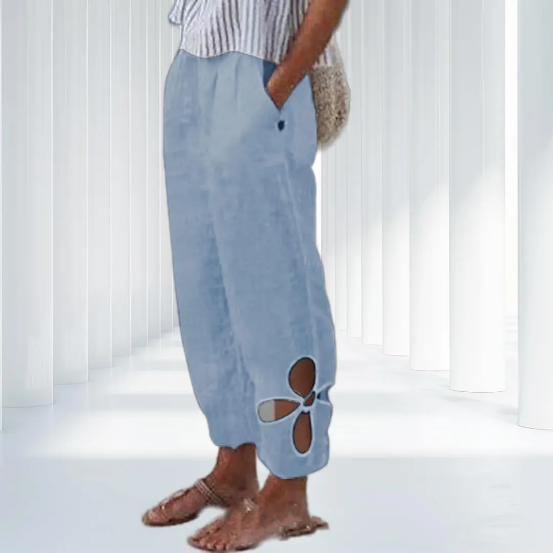 Women’s Cotton Linen Side Hollow Out Tapered Pant Elastic Mid Waist Solid Color Comfy Casual Lounge Pants with Pockets