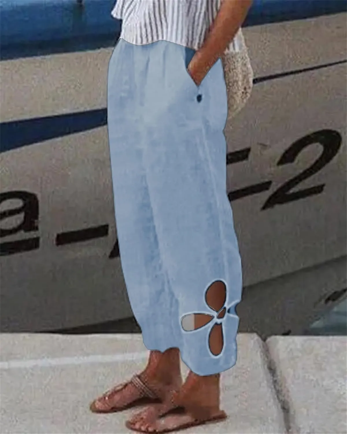 Women’s Cotton Linen Side Hollow Out Tapered Pant Elastic Mid Waist Solid Color Comfy Casual Lounge Pants with Pockets