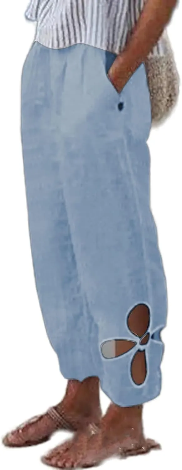 Women’s Cotton Linen Side Hollow Out Tapered Pant Elastic Mid Waist Solid Color Comfy Casual Lounge Pants with Pockets
