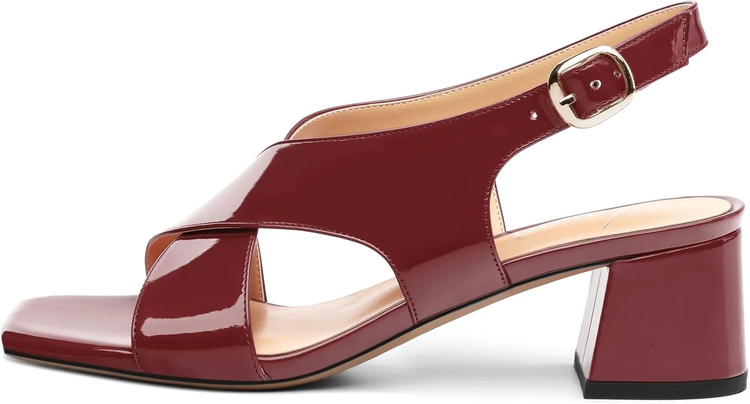 Women's Criss Cross Sandals Square Open Toe Block Chunky Low Heel Slingback Ankle Strap Adjustable with Buckle Patent Dating Fashion Dress Shoes 2 Inch