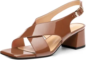 Women's Criss Cross Sandals Square Open Toe Block Chunky Low Heel Slingback Ankle Strap Adjustable with Buckle Patent Dating Fashion Dress Shoes 2 Inch