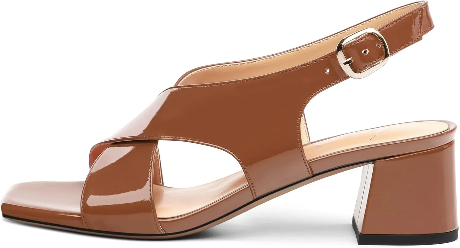 Women's Criss Cross Sandals Square Open Toe Block Chunky Low Heel Slingback Ankle Strap Adjustable with Buckle Patent Dating Fashion Dress Shoes 2 Inch