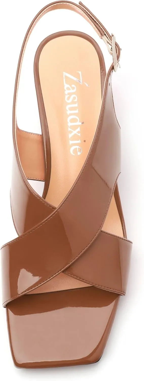 Women's Criss Cross Sandals Square Open Toe Block Chunky Low Heel Slingback Ankle Strap Adjustable with Buckle Patent Dating Fashion Dress Shoes 2 Inch