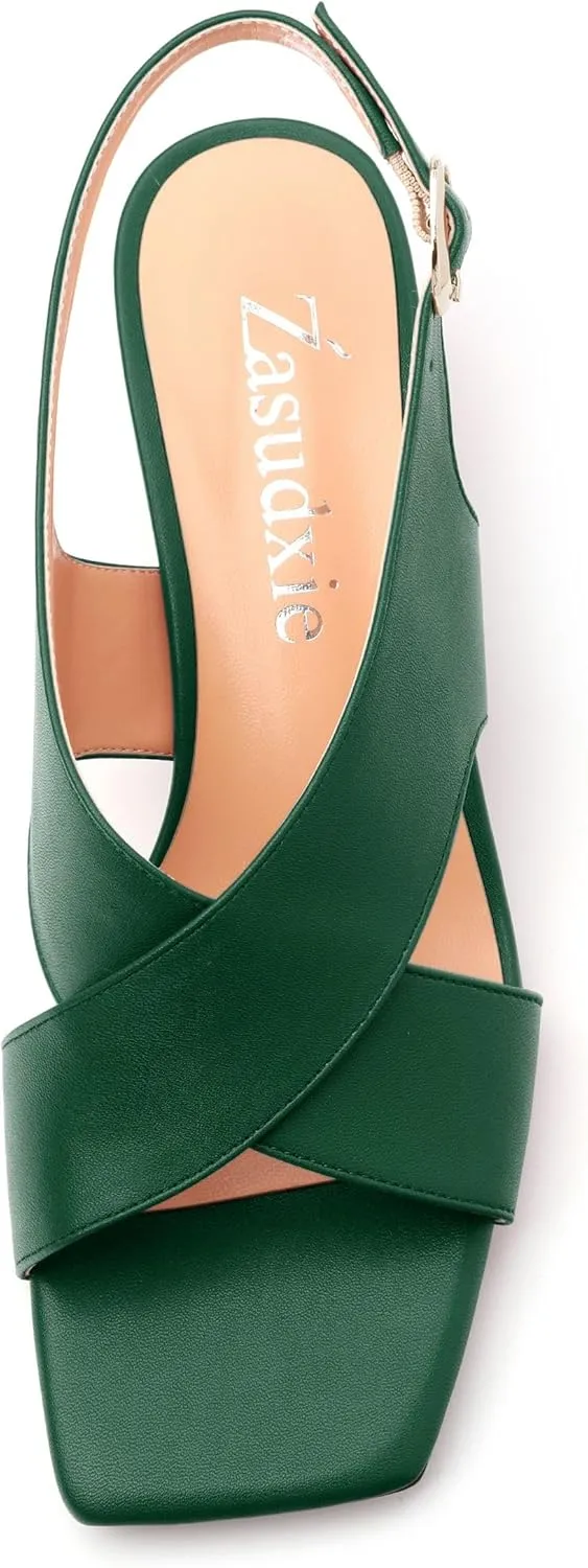 Women's Criss-Cross Strap Slingback Sandals Block Chunky Low Heels Square Open Toe Matte Comfort Casual Dress Shoes 2 Inch