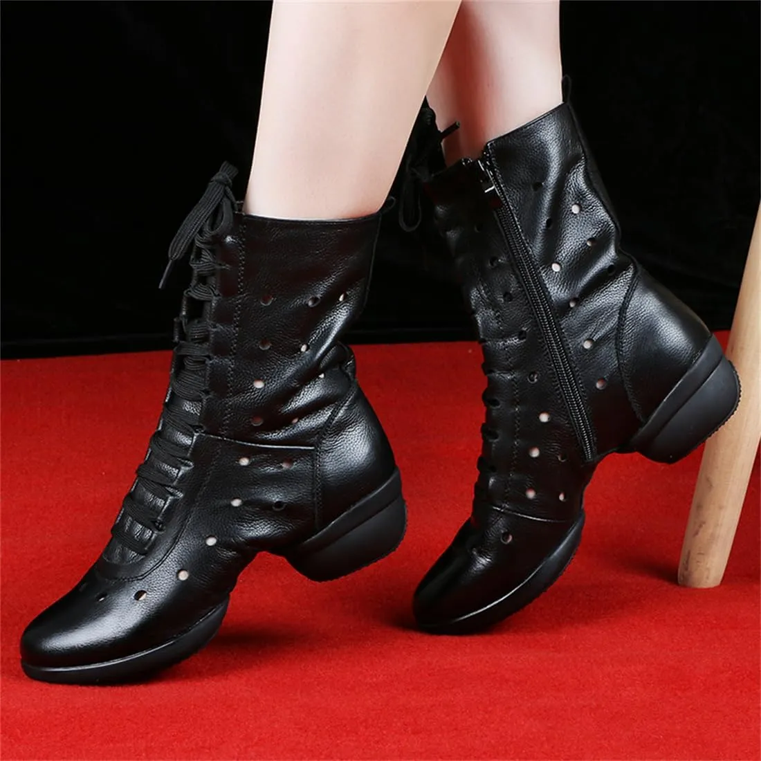 Womens Dance Boots, Leather Dance Shoes for Jazz Ballet Lace-Up Dancing Sneakers High Top Rubber Split Sole Dance Shoes