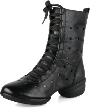 Womens Dance Boots, Leather Dance Shoes for Jazz Ballet Lace-Up Dancing Sneakers High Top Rubber Split Sole Dance Shoes