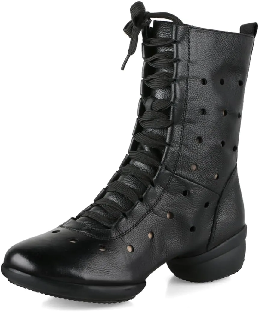 Womens Dance Boots, Leather Dance Shoes for Jazz Ballet Lace-Up Dancing Sneakers High Top Rubber Split Sole Dance Shoes