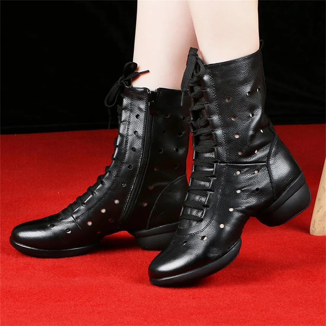 Womens Dance Boots, Leather Dance Shoes for Jazz Ballet Lace-Up Dancing Sneakers High Top Rubber Split Sole Dance Shoes