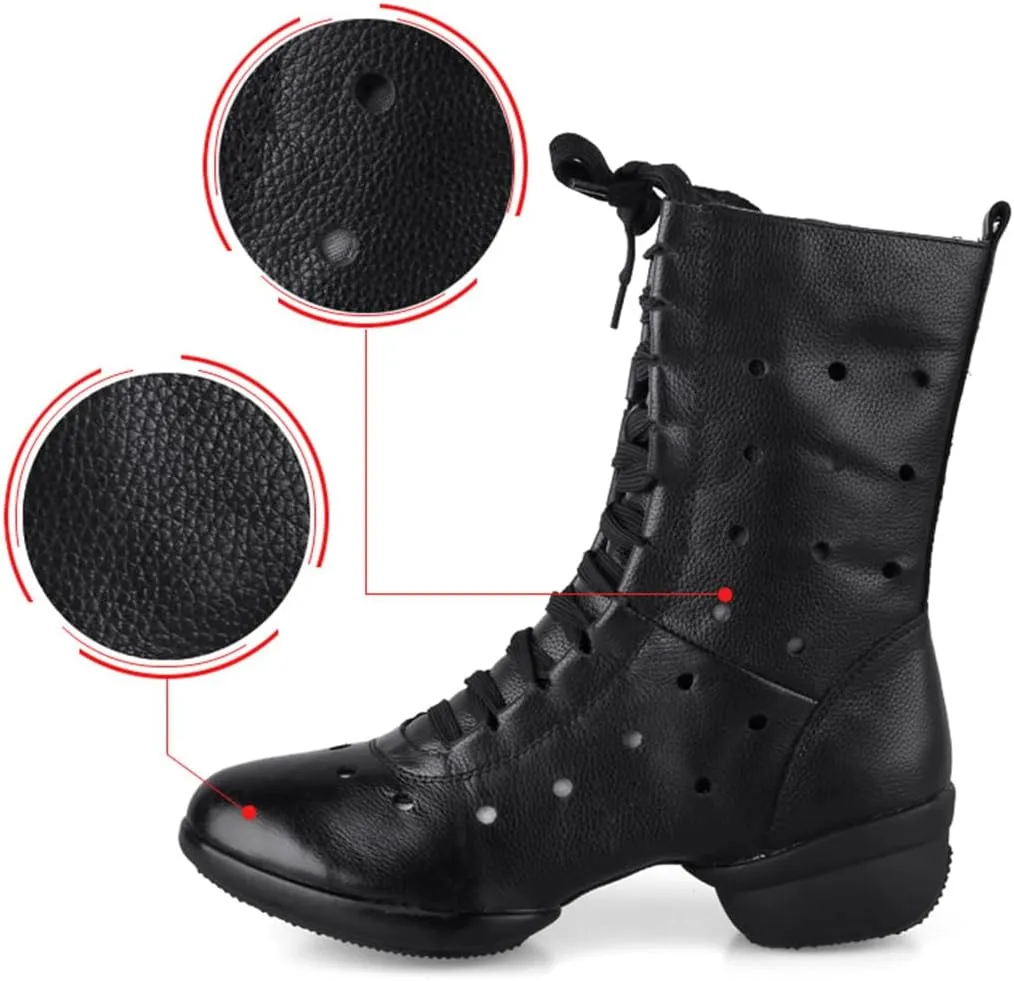 Womens Dance Boots, Leather Dance Shoes for Jazz Ballet Lace-Up Dancing Sneakers High Top Rubber Split Sole Dance Shoes