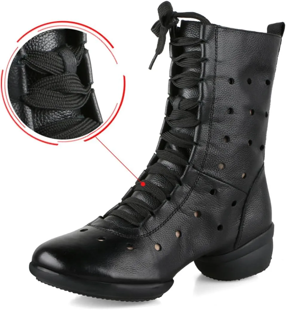 Womens Dance Boots, Leather Dance Shoes for Jazz Ballet Lace-Up Dancing Sneakers High Top Rubber Split Sole Dance Shoes