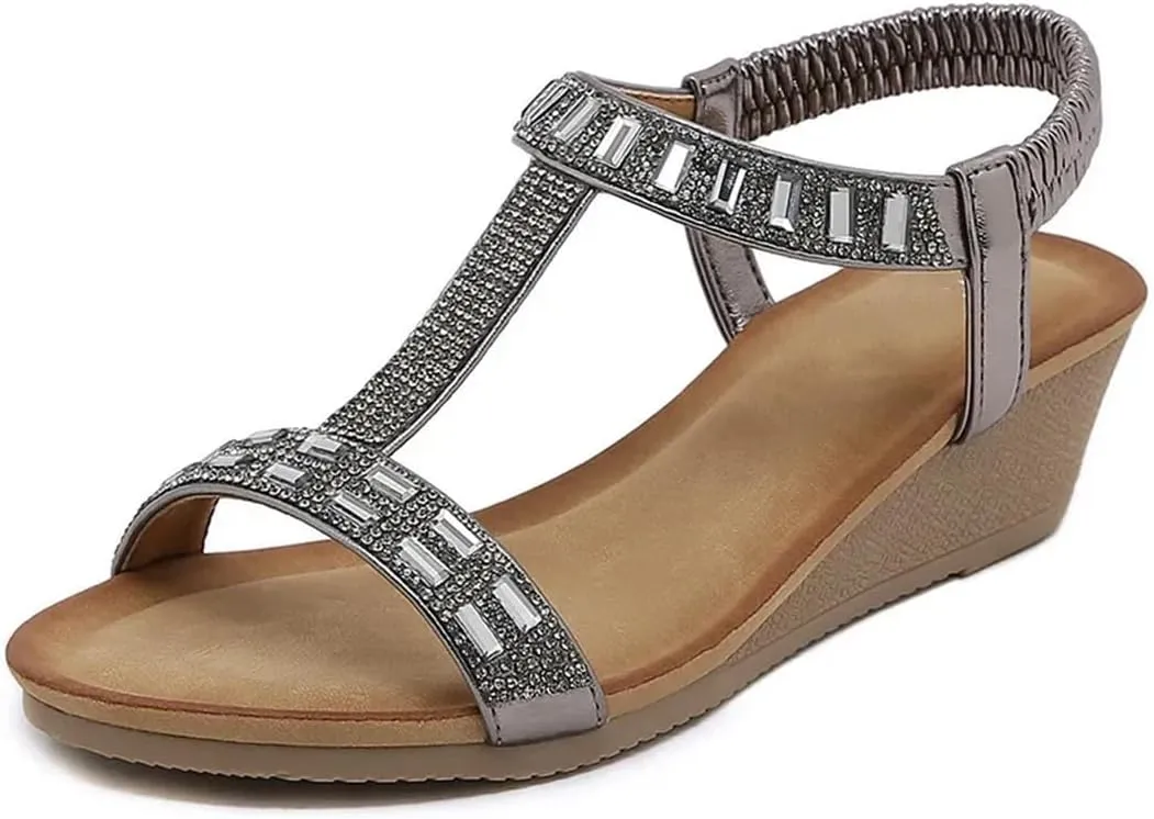 Womens Elastic Band Back Strap Wedge Heel Open Side Vamp Modern Sandals PU Upper Bottom Summer Sandals