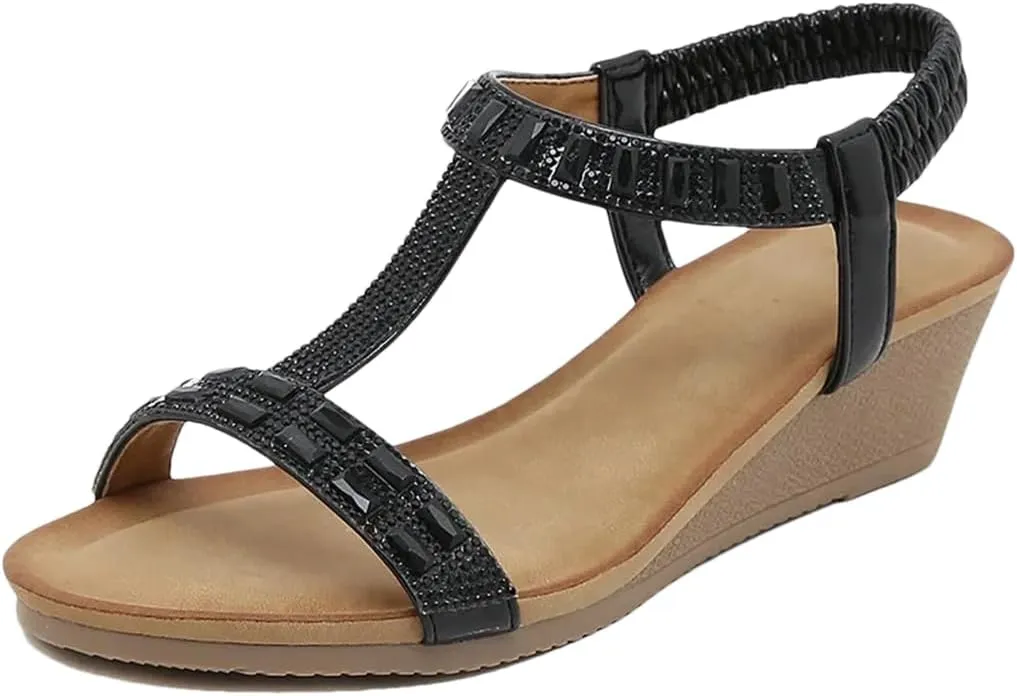 Womens Elastic Band Back Strap Wedge Heel Open Side Vamp Modern Sandals PU Upper Bottom Summer Sandals