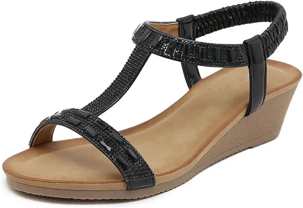 Womens Elastic Band Back Strap Wedge Heel Open Side Vamp Modern Sandals PU Upper Bottom Summer Sandals