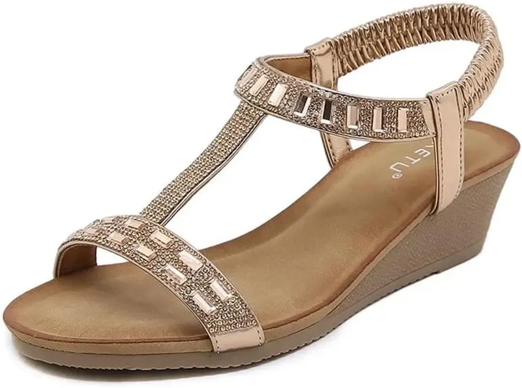 Womens Elastic Band Back Strap Wedge Heel Open Side Vamp Modern Sandals PU Upper Bottom Summer Sandals