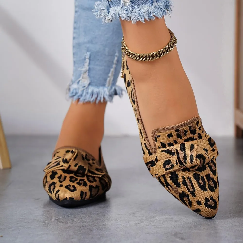 Women's Fashion Leopard Print Bow Decorated Slip on Moccasins, Casual Comfortable Pointed Toe Flat Shoes for Daily Wear, Lightweight Breathable Shoes for All Seasons