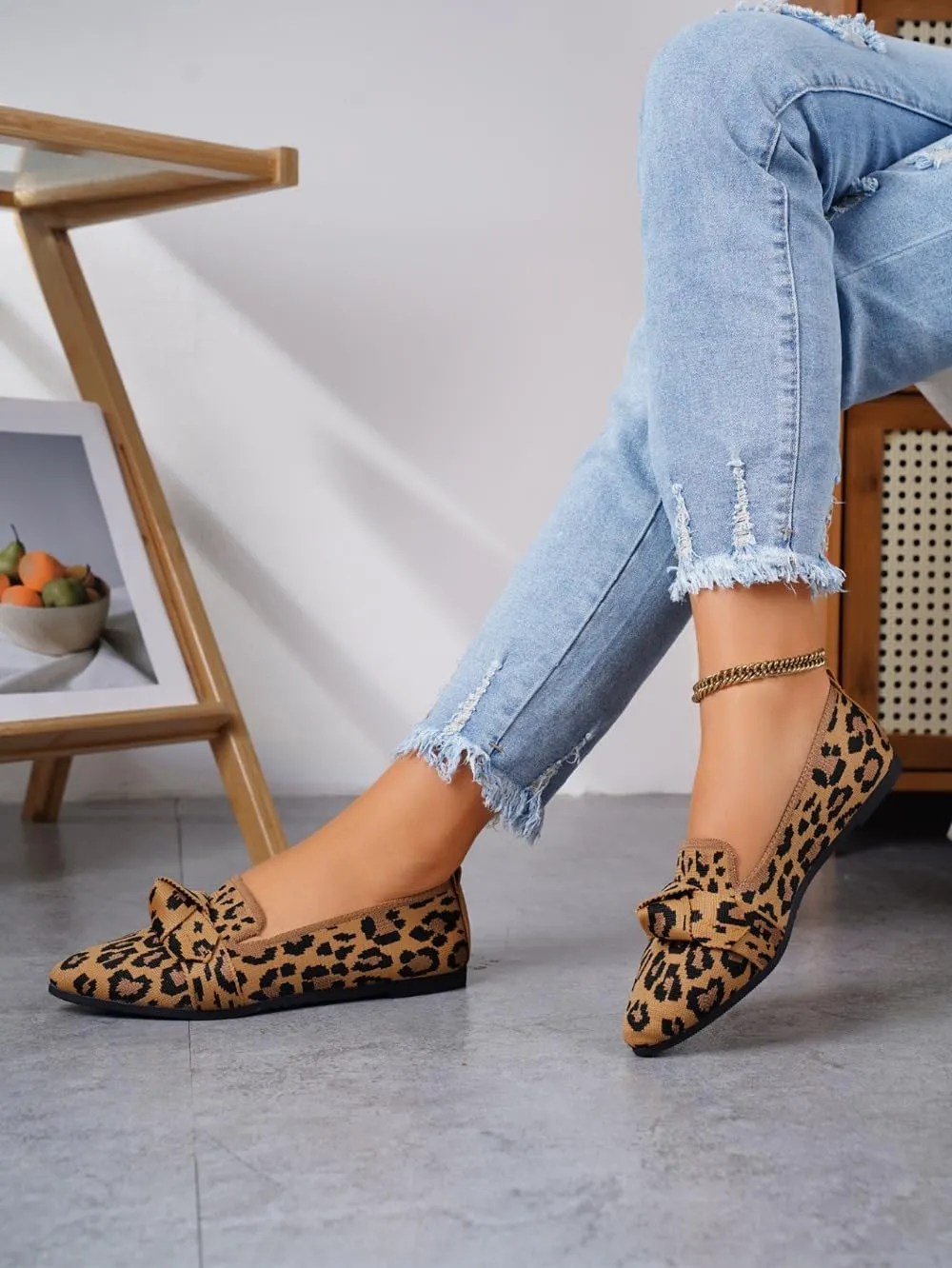 Women's Fashion Leopard Print Bow Decorated Slip on Moccasins, Casual Comfortable Pointed Toe Flat Shoes for Daily Wear, Lightweight Breathable Shoes for All Seasons