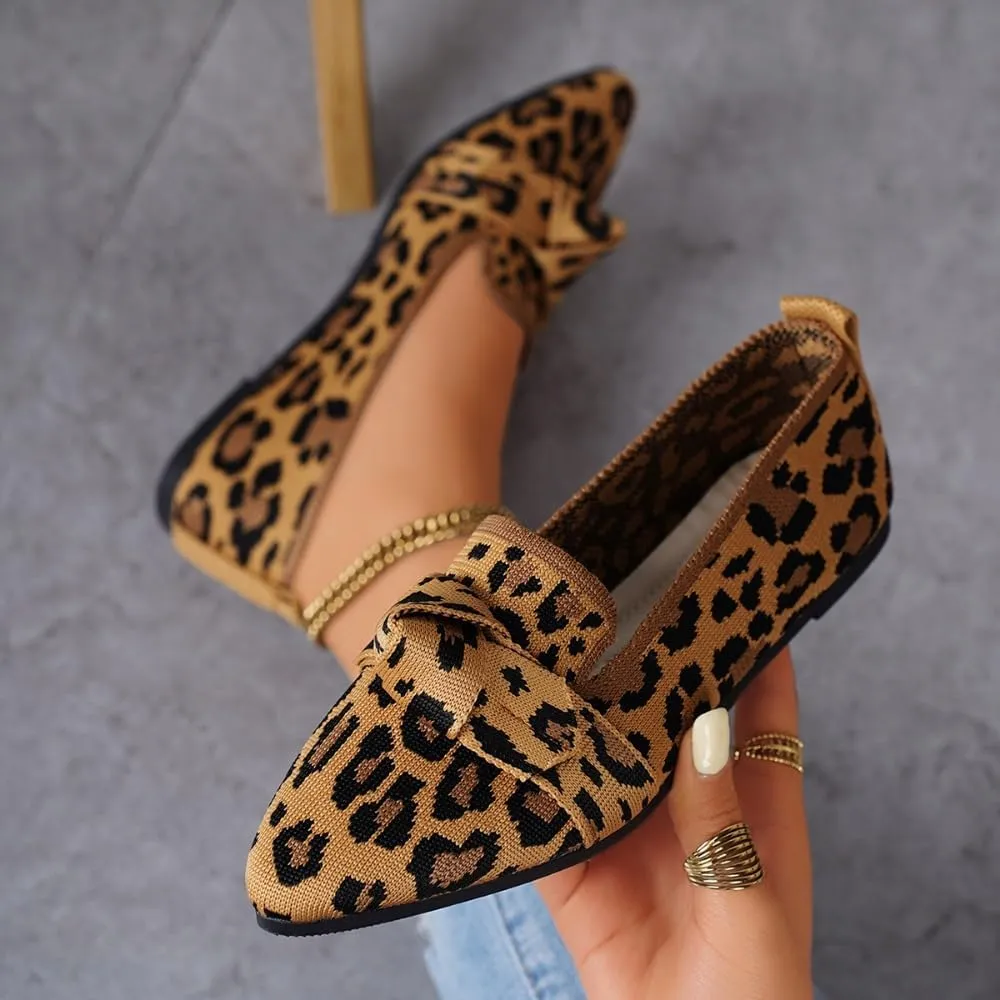 Women's Fashion Leopard Print Bow Decorated Slip on Moccasins, Casual Comfortable Pointed Toe Flat Shoes for Daily Wear, Lightweight Breathable Shoes for All Seasons