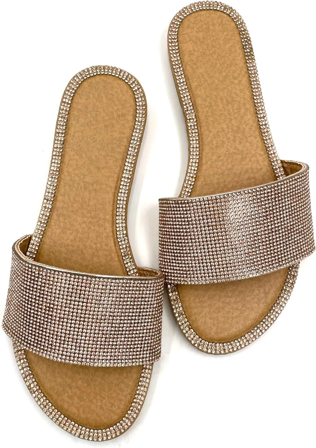 Women's Flat Sandals Slip on Round Open Toe Fashion Glitter Shiny Bling Rhinestone Slide Sandals Summer 2025