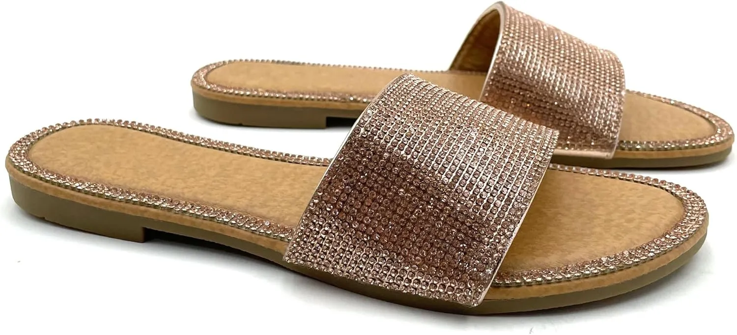 Women's Flat Sandals Slip on Round Open Toe Fashion Glitter Shiny Bling Rhinestone Slide Sandals Summer 2025