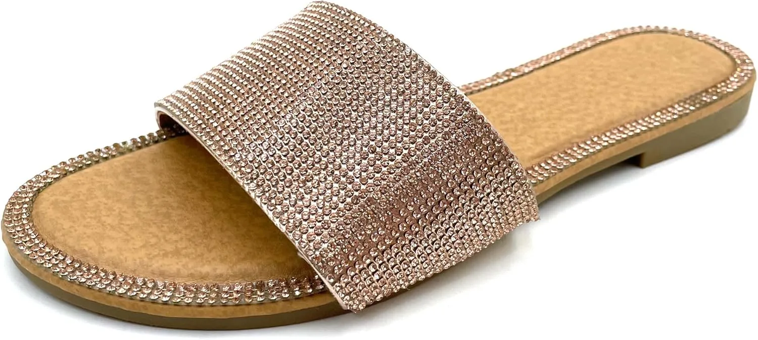 Women's Flat Sandals Slip on Round Open Toe Fashion Glitter Shiny Bling Rhinestone Slide Sandals Summer 2025