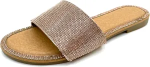 Women's Flat Sandals Slip on Round Open Toe Fashion Glitter Shiny Bling Rhinestone Slide Sandals Summer 2025
