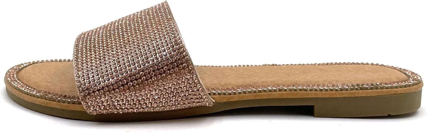 Women's Flat Sandals Slip on Round Open Toe Fashion Glitter Shiny Bling Rhinestone Slide Sandals Summer 2025