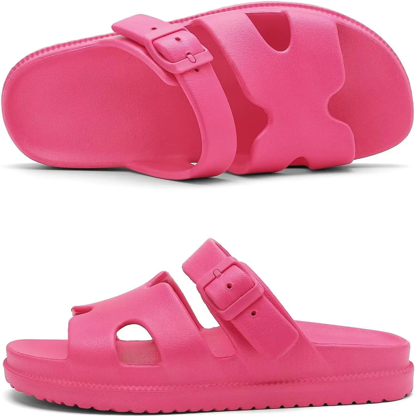 Women's Flat Sandals with Arch Support, Summer Beach Slides Adjustable Buckle, Comfort Lightweight Cushion Slip on H-Strap Sandal