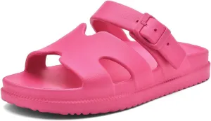 Women's Flat Sandals with Arch Support, Summer Beach Slides Adjustable Buckle, Comfort Lightweight Cushion Slip on H-Strap Sandal