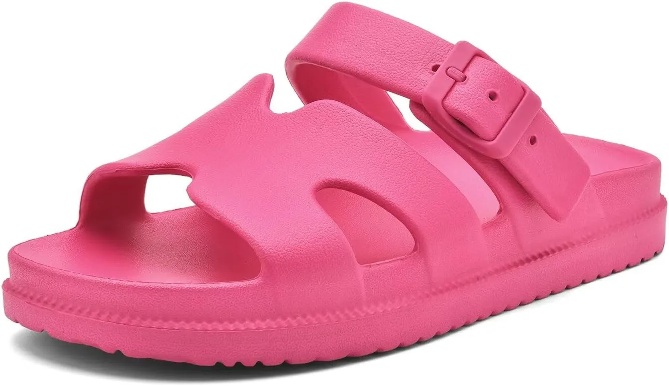 Women's Flat Sandals with Arch Support, Summer Beach Slides Adjustable Buckle, Comfort Lightweight Cushion Slip on H-Strap Sandal