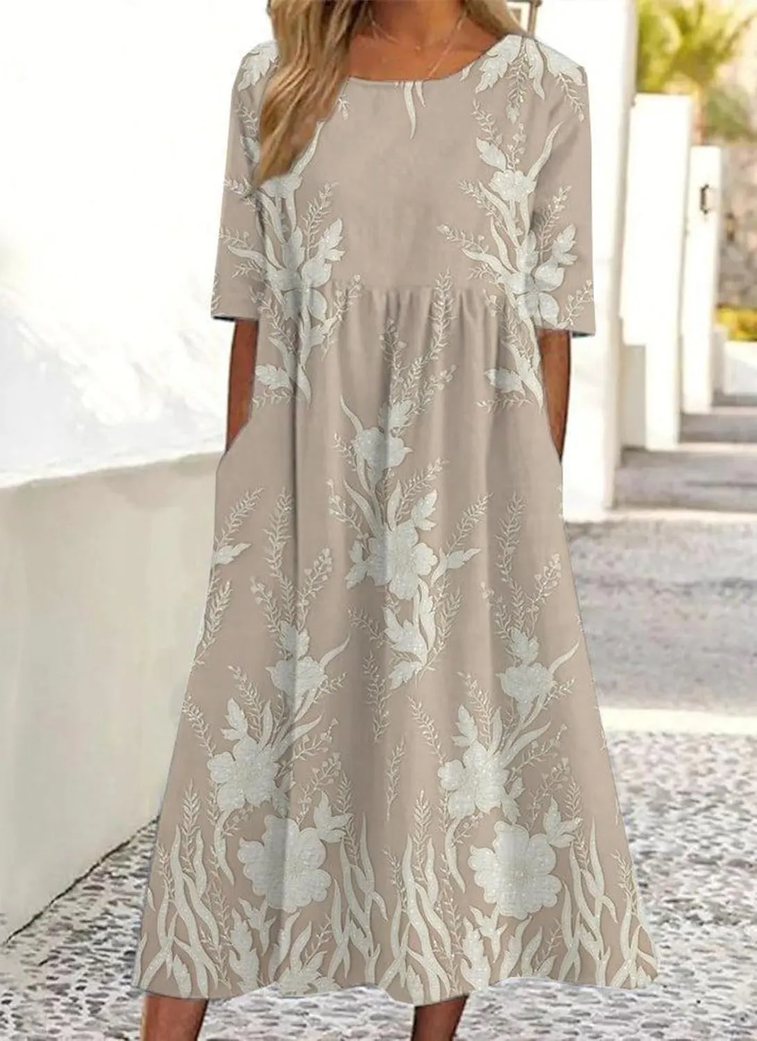 Women's Floral Crew Neck Short Sleeve Midi Dress Summer Loose Fit Garden Party Beach Vacation Dress