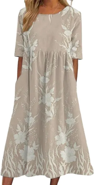 Women's Floral Crew Neck Short Sleeve Midi Dress Summer Loose Fit Garden Party Beach Vacation Dress